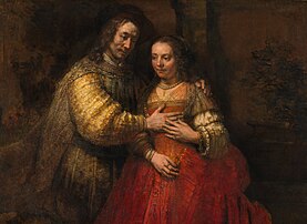 La Fiancée juive, huile sur toile de Rembrandt (1667, Rijksmuseum). (définition réelle 5 486 × 4 000)