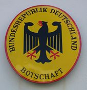 Official German-language plaque of a German embassy Schild-Deutsche Botschaft.jpg