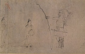 Ligne à l’encre sur papier, montrant une personnage à gauche et une statue en armure armée d’un arc à droite.