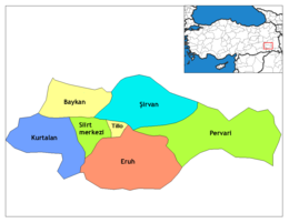 Mapa dos distritos da província de Siirt