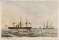 Americká fregata USS Niagara a britská řadová loď HMS Agamemnon (v popředí) při kladení transatlantického telegrafního podmořského kabelu pro společnost Atlantic Telegraph Company (1858). V pozadí doprovodná fregata HMS Valorous a šalupa HMS Gorgon.