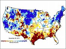 National map of groundwater and soil moisture in the United States. It shows the very low soil moisture associated with the 2011 fire season in Texas. USA Groundwater and Soil moisture Drought Map.jpg