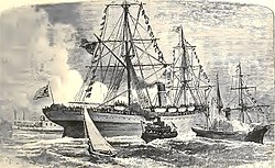 USS Indiana, Delaware Bay, 1877, departing Philadelphia, bound for England USS Indiana, World Tour of Ulysses S Grant.jpg