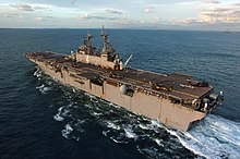 USS Boxer seen here off the coast of Australia, was deployed to the Persian Gulf in June 2019 as a result of increased tensions between US and Iran. US Navy 050619-N-8146B-004 The amphibious assault ship USS Boxer (LHD 4) prepares to launch Australian S70A-9 Black Hawk helicopters during flight operations.jpg