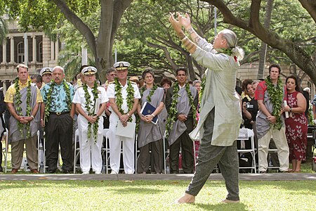 Hula is often performed as a form of prayer at official state functions in Hawaiʻi. Here, hula is performed by Kumu Hula Frank Kawaikapuokalani Hewett for a ceremony turning over U.S. Navy control over the island of Kahoʻolawe to the state