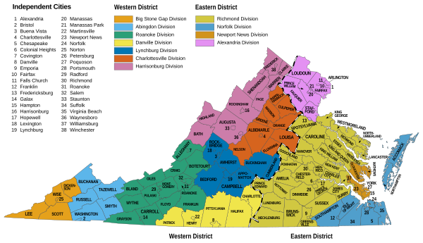 Map of the United States District Courts in Virginia, showing the boundaries of the Eastern and Western Districts, and their divisions. US federal courts in Virginia.svg