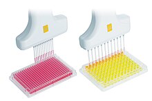 Adjustable tip spacing pipette transferring samples from a 384 well plate to a 96 well plate