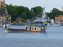 The newlywed royal couple being rowed by the barge Vasaorden through the waters of Stockholm to take the salute of the Royal Swedish Navy Vasaorden - HMS Gavle.JPG