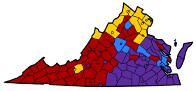 Округа Вирджиния окрашены в красный, синий, желтый, зеленый или пурпурный цвет в зависимости от наиболее распространенного происхождения населения. Юго-восток преимущественно фиолетовый для афроамериканцев, а запад в основном красный для американцев. На севере желтый цвет для немецкого языка, с двумя небольшими участками зеленого для ирландского. Желтый также встречается в пятнах на западе. Полоса посередине - синяя для английского языка.