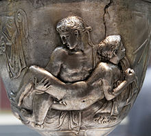 Pederastic sex on the "Roman" side of the Warren Cup (British Museum, London, 15 BCE - 15 CE) Warren Cup BM GR 1999.4-26.1 n2.jpg