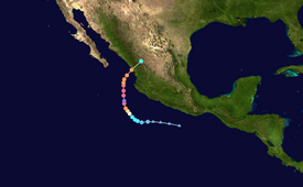 Map plotting the track and the intensity of the storm, according to the Saffir–Simpson scale