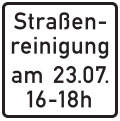 Zusatzzeichen 1042-50 Straßenreinigung (mit Zeit- und Datumsangabe); neues Zusatzzeichen