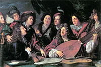 Portrét několika hudebníků a umělců (François Puget, 1688, Muzeum Louvre) Dvě hlavní postavy bývají označovány jako Jean-Baptiste Lully a Philippe Quinault