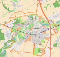 Mapa konturowa Świebodzina, blisko centrum na prawo znajduje się punkt z opisem „I Liceum Ogólnokształcące im. Henryka Sienkiewicza w Świebodzinie”