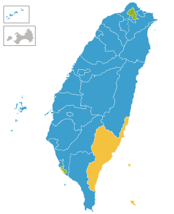 Wahlkreisergebnisse (stimmenstärkste Parteien). Alle Unabhängigen sind zusammengezählt. ﻿Kuomintang ﻿DPP ﻿Demokratische Union Taiwans ﻿Unabhängige