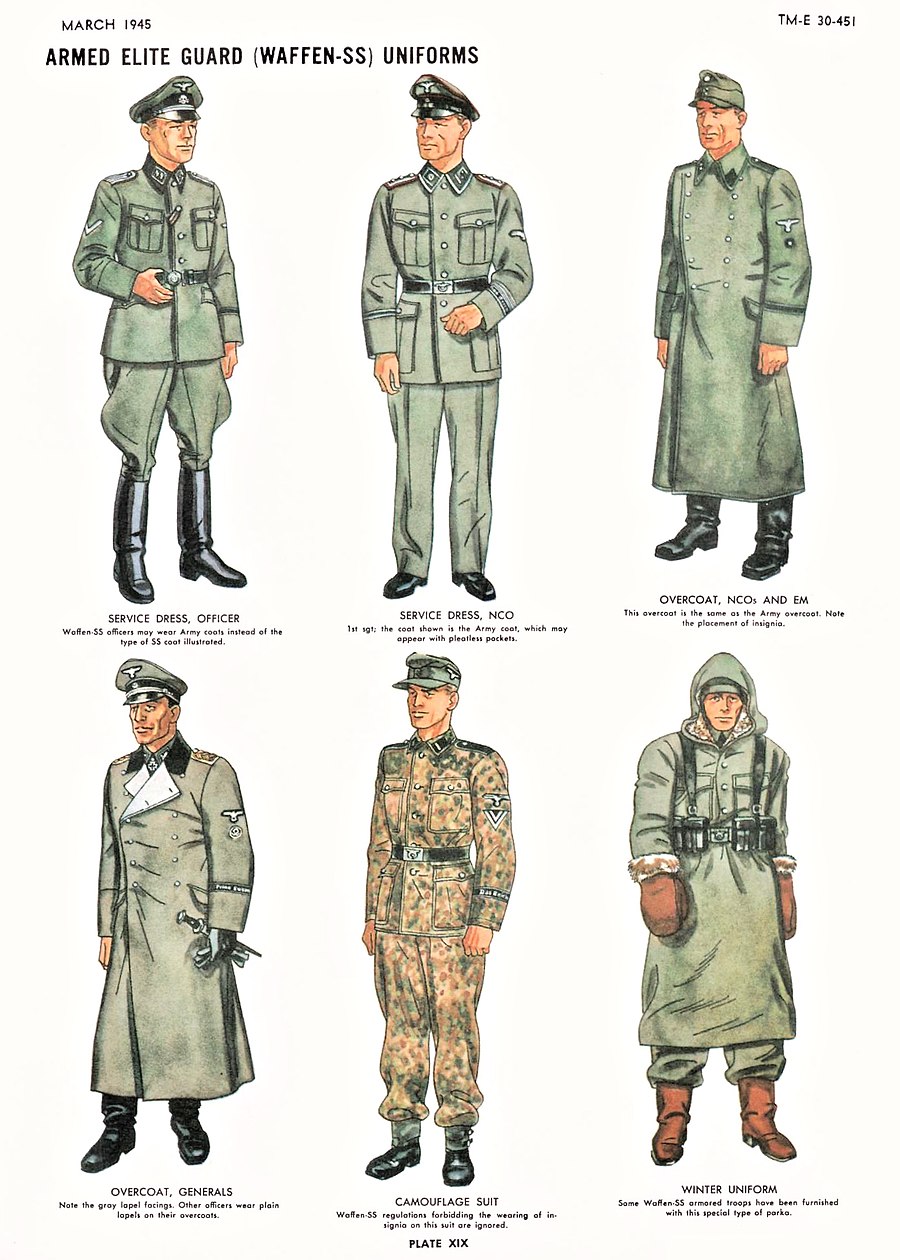 19 article-hdbk-TM-E-30-451 Page 859 Handbook on German military forces US War Dep March 1945--XIX Armed Elite Guard Waffen-SS Uniforms. service dress, overcoat, camouflage suit, winter. No known copyright. Contrast.jpg