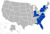 Blue: The ACC as it now exists, after the addition of Louisville in 2014. Yellow: Reflects the impending addition of California, SMU, and Stanford in 2024.