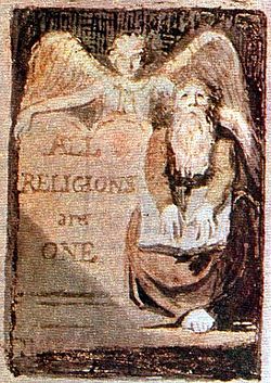 One of two known editions of the title page of William Blake's "All Religions Are One". Publication date 1795. Blake accepted that all religions and philosophies in human history were one because they derived from the same single source. ARO Plate 2 (Title page alternate).jpg