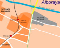 Localització del barri al nucli urbà d'Alboraia. Es tracta de la zona a l'oest del recorregut del metro