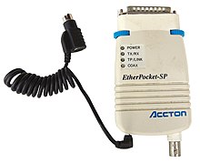 Parallel port Ethernet adapters were commonly used before PC Cards. This is an Accton Etherpocket-SP parallel port Ethernet adapter (c. 1990). Supports both coaxial (10BASE2) and twisted pair (10BASE-T) cables. Power is drawn from a PS/2 port passthrough cable. Accton-etherpocket-sp-parallel-port-ethernet-adapter.jpg