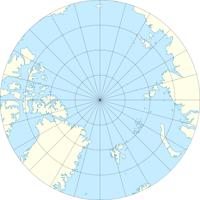 Mapa konturowa Arktyki, na dole znajduje się punkt z opisem „Longyearbyen”