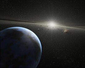 Взгляд художника на планету HD 69830 d, астероидный пояс звезды HD 69830 на заднем плане.