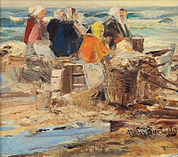 Vissersvrouwen op het strand