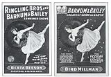 Carteles ilustrados en blanco y negro, casi idénticos, anunciando a Berta Beeson y Bird Millman