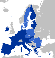 Germany is part of a monetary union, the eurozone (dark blue), and of the EU single market. BlueEurozone 2019.svg