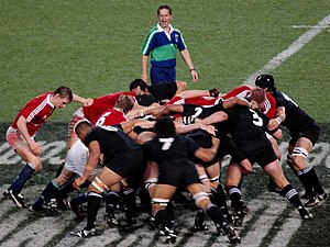 A rugby union scrum between the British and Ir...