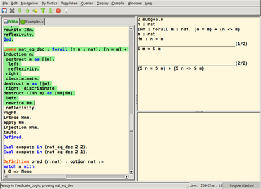 An interactive proof session in CoqIDE, showing the proof script on the left and the proof state on the right CoqProofOfDecidablityOfEqualityOnNaturalNumbers.png