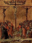 Crucifixión, tabla de Duccio di Buoninsegna (Gótico italiano).