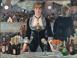 Un bar aux Folies Bergère, huile sur toile d'Édouard Manet (années 1880, Institut Courtauld). (définition réelle 3 419 × 2 553)