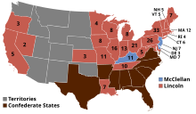 Map of the U.S. showing Lincoln winning all the Union states except for Kentucky, New Jersey, and Delaware. The Southern states are not included.