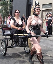 A sulky cart drawn by a pony-girl, an example of petplay at the Folsom Parade, 2012. She is wearing a bit gag and a neck collar, to which are attached a ring of O and a leash. Bells are hung from her pierced nipples. All these symbols indicate she is roleplaying a 'pet slave'. Folsom Street Fair IMG 6259 (cropped).jpg
