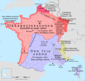 Frankrike etter våpenhvilen. Lys rødt var okkupert av tyske styrker, mørk rødt område innlemmet i Tyskland (Alsace-Lorraine), gult innlemmet i Italia, mens blått område formelt var fritt.
