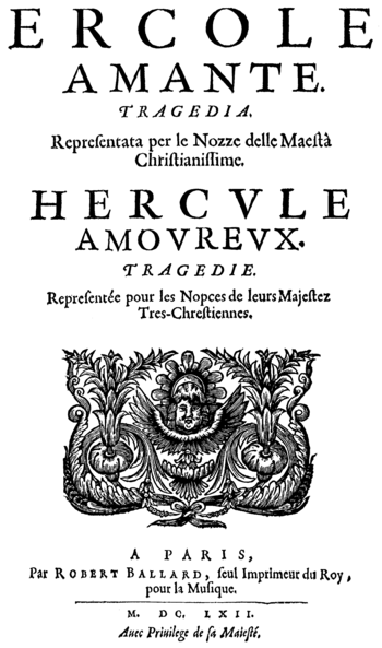 Francesco Cavalli – Ercole amante; Titelseite des Librettos, Paris 1662