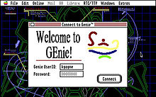 GEnie log-in Screen on an Apple IIGS, using Jasmine, a late release of a graphic front end for this text-only online service GEnie Online Service Login Screen Mac - ca. 1989.jpg