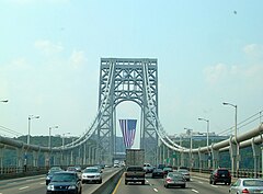 The George Washington Bridge's flag, the world's largest, is hung on special occasions George Washington Bridge with flag.JPG