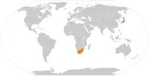 Mapa indicando localização da Japão e do África do Sul.