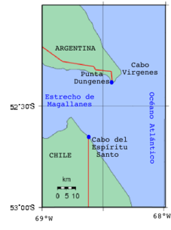 Localização do cabo Vírgenes junto ao estreito de Magalhães