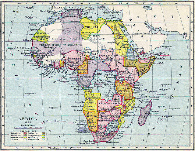 1897年的非洲地图确认列强在非洲划定的势力范围。
