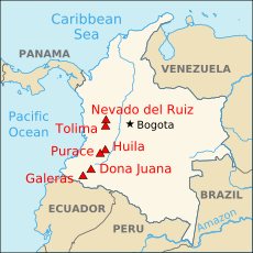 Карта із вулканів у Колумбії