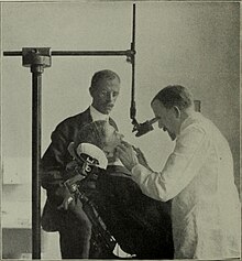 A microscopic device used in dental analysis, c. 1907 Microscope,The Dental cosmos (1907).jpg