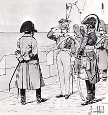 Un soldat salue Napoléon avec à ses côtés un général.