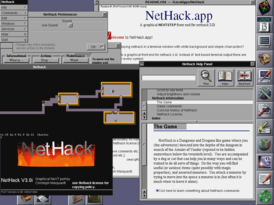 Рабочий стол NeXTSTEP с запущенной игрой Nethack