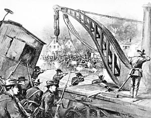 National Guard fires on Pullman strikers, from Harper's Weekly (1894)