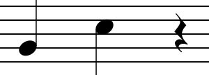 A quarter note with stem facing up, a quarter note with stem facing down, and a quarter rest.