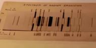 Emission spectrum of radon, photographed by Ernest Rutherford in 1908. Numbers at the side of the spectrum are wavelengths. The middle spectrum is of radium emanation (radon), while the outer two are of helium (added to calibrate the wavelengths). Radon spectrum.png