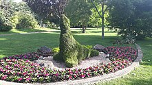 Au milieu d'un parterre de fleurs violettes, lui-même au milieu d'une pelouse très verte, se dresse la sculpture végétale d'une otarie, nez pointé vers le haut dans cette attitude typique de l'animal.